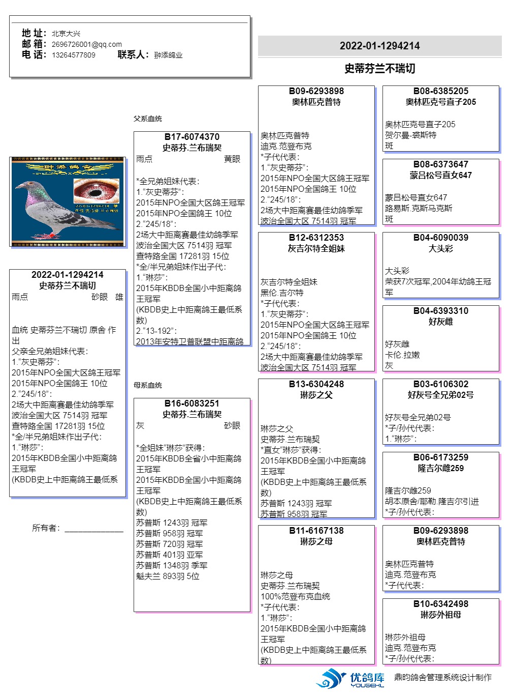 史蒂芬兰不瑞切15年kbdb小中距离鸽王冠军全姐妹作出